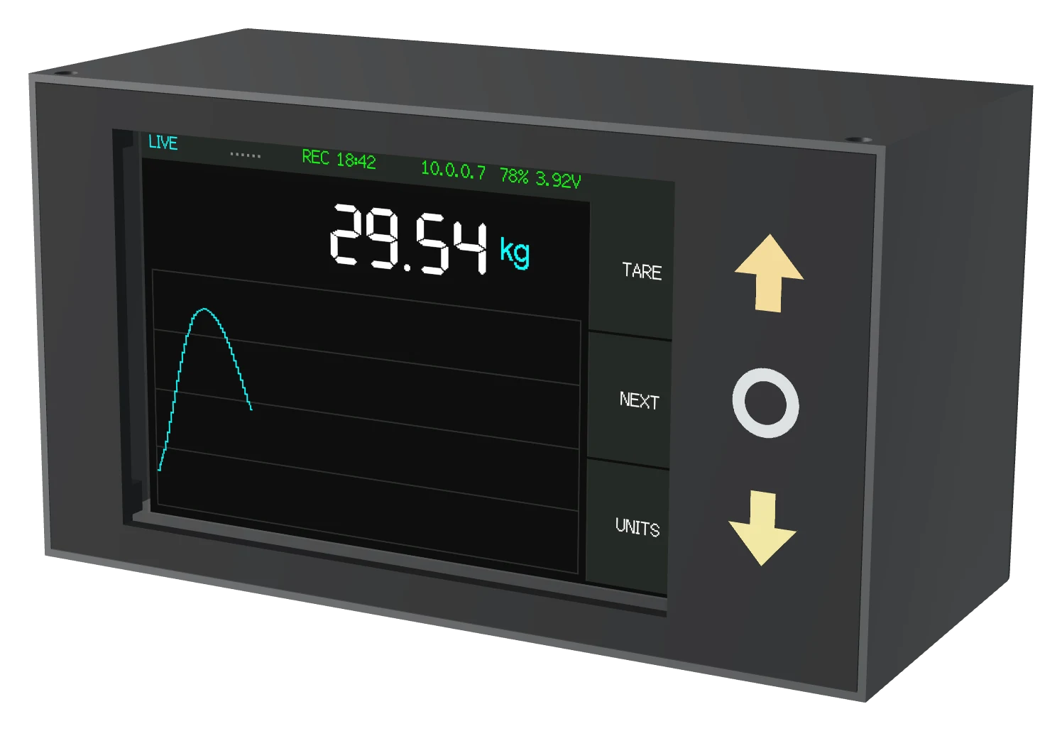 The RowTech node: a matte black enclosure with a 3.5-inch screen showing a live force reading over the graph of the stroke in progress, and three buttons down its right edge.